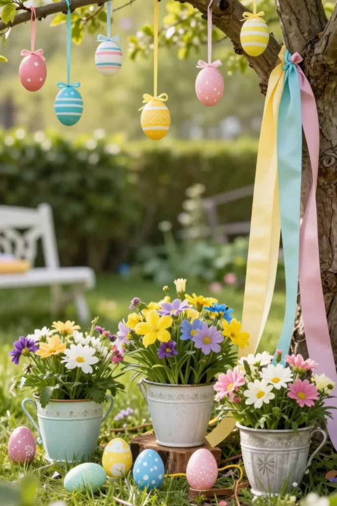Gartenparty zu Ostern: Diese Deko macht den Unterschied Deko für Osterparty im Garten mit Blumen, Ostereiern und Pastellfarben unter Baum
