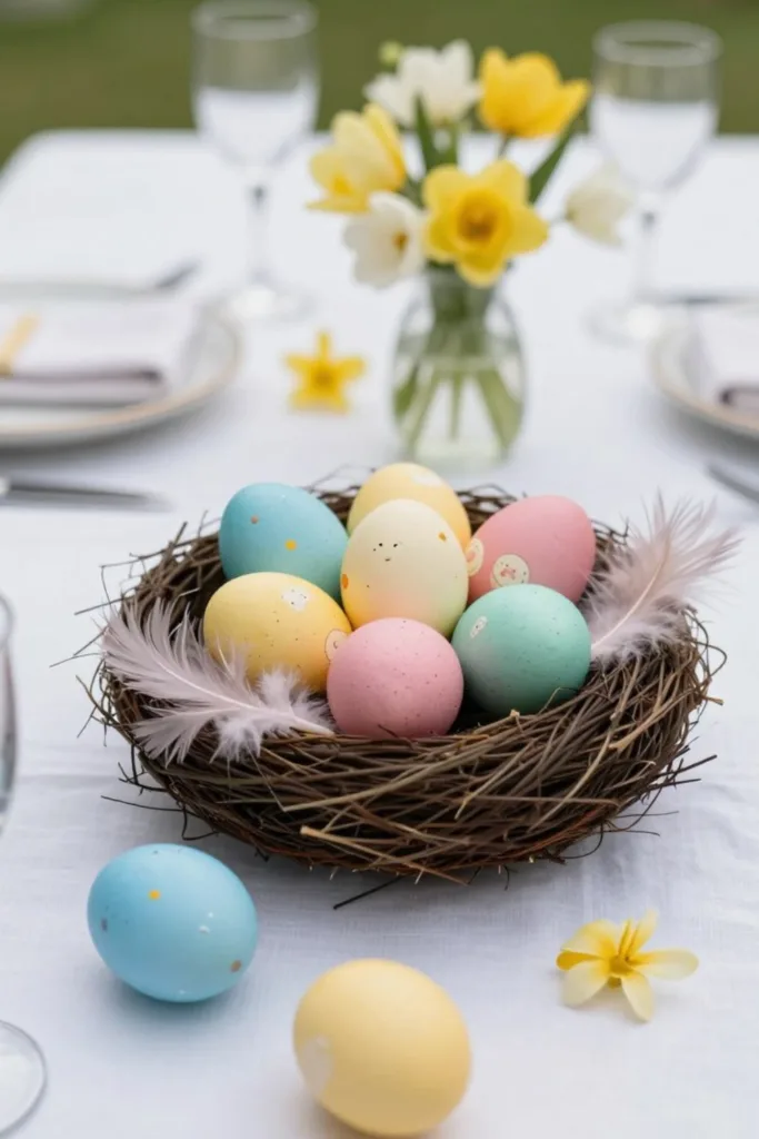 Gartenparty zu Ostern: Diese Deko macht den Unterschied Ostertisch mit Nest und Eiern als Deko für Osterparty im Garten