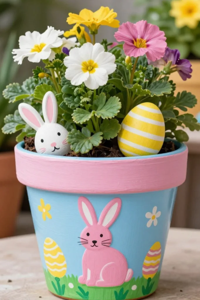 Gartenparty zu Ostern: Diese Deko macht den Unterschied Blumentopf mit Hasenmotiv als Deko für Osterparty im Garten mit Frühlingsblumen