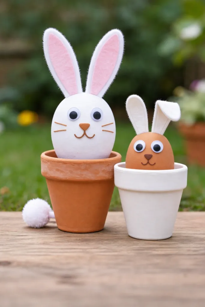 Zwei gebastelte Hasenblumentöpfe als kreative Osterdeko für den Garten