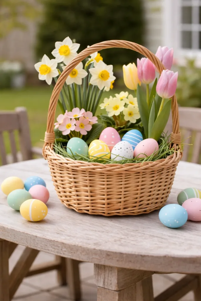 Osterkorb mit Tulpen, Narzissen und bunten Eiern als Deko auf der Terrasse