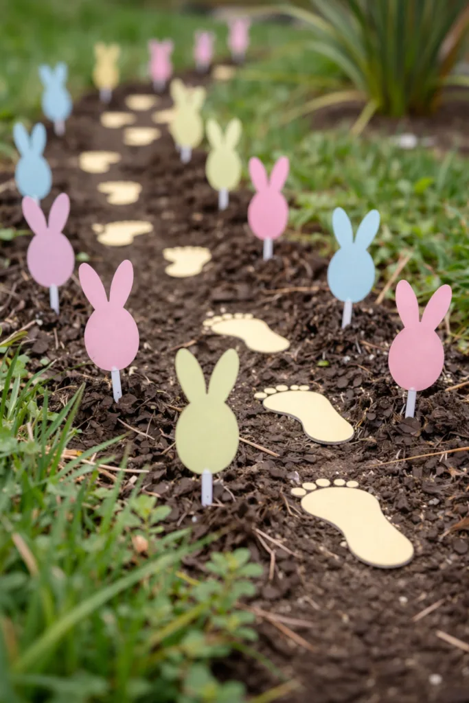 Bunte Osterdeko im Garten mit Papierhasen und Hasenspuren, gemeinsam mit Kindern gebastelt