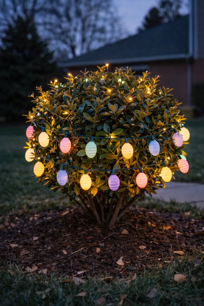 Bunte Lichterkette mit Ostereiern leuchtet als Osterdeko im Vorgarten