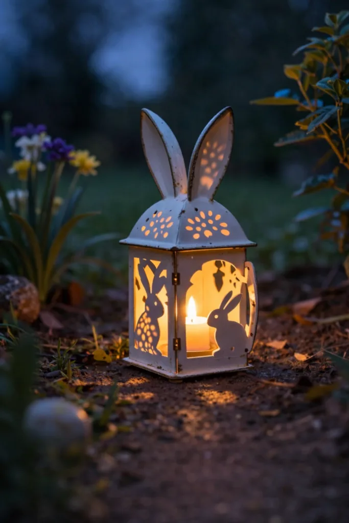Osterhasen-Laterne mit Kerze als Gartendeko, stimmungsvolle Osterdeko im Garten bei Abendlicht