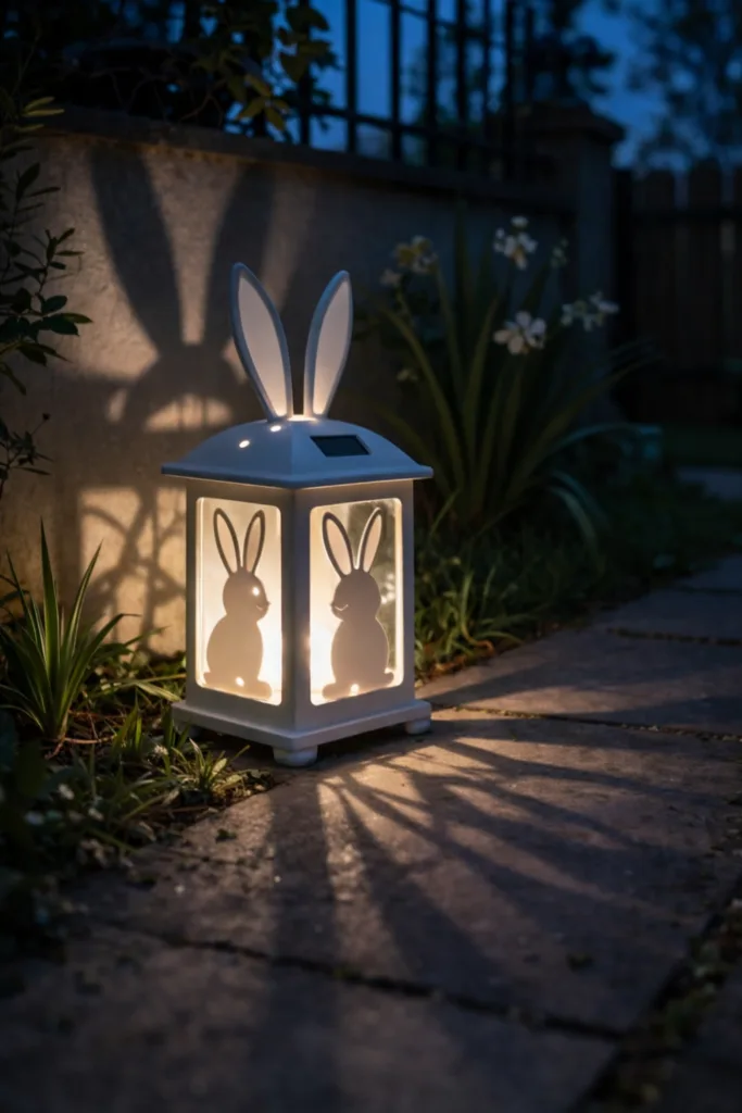 Leuchtende Osterhasen-Laterne als Gartendeko, stilvolle Osterdeko am Gartenweg bei Abendlicht
