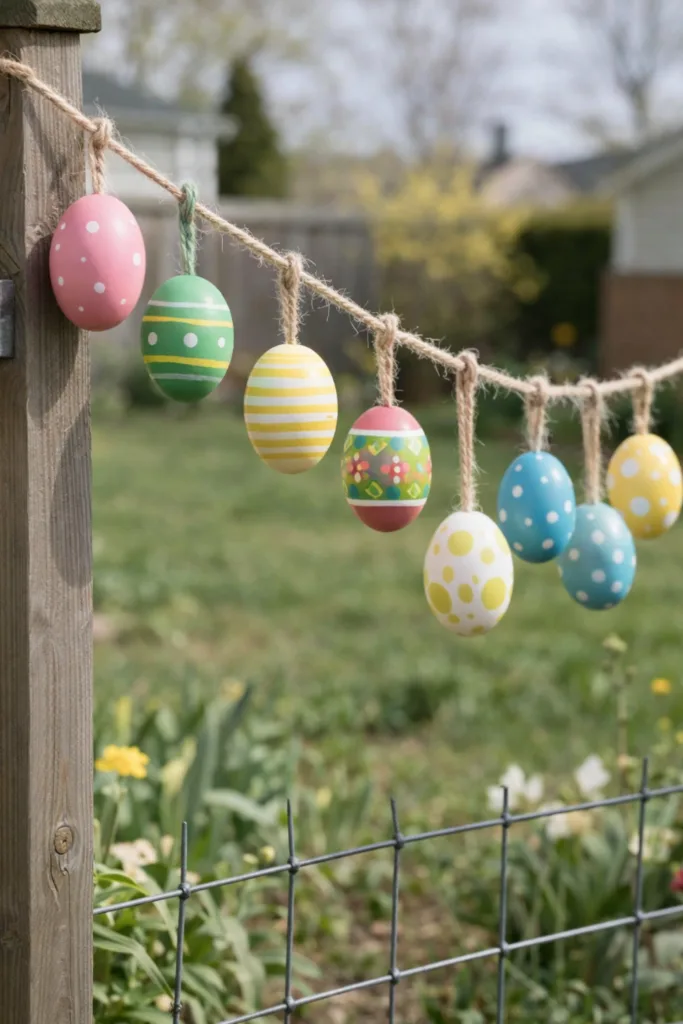 Bunte Eiergirlande aus Naturmaterial als handgemachte Osterdeko im Vorgarten