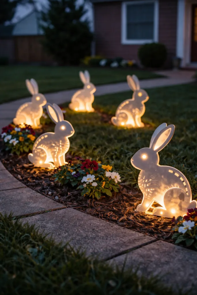 Metallene Hasen-Laternen leuchten abends als stimmungsvolle Osterdeko im Vorgarten
