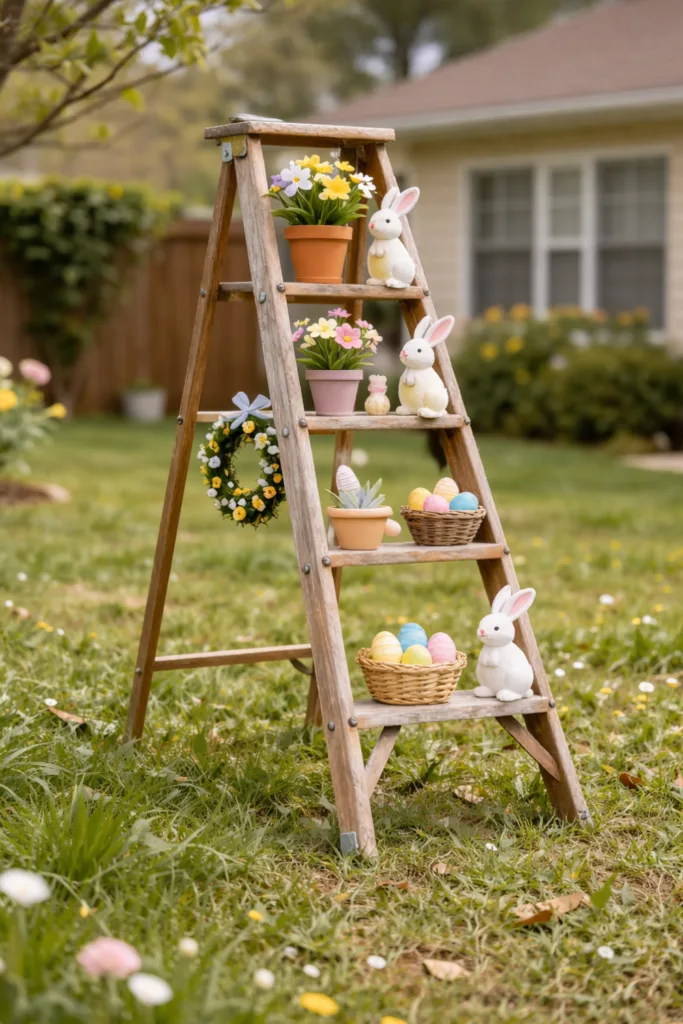 Dekorierte Holzleiter mit Osterhasen, Blumen und Eiern als Osterdeko im Vorgarten
