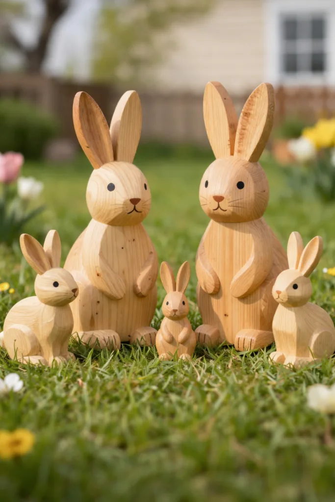 Holzhasen-Figuren als natürliche und wetterfeste Osterdeko im Vorgarten