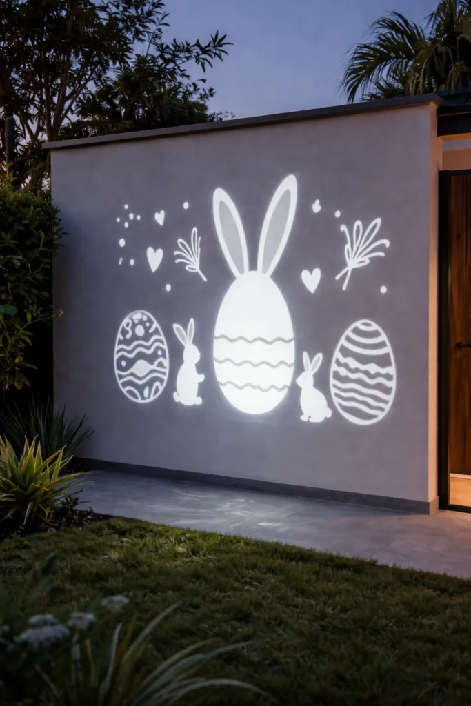 10 wunderschöne Osterdeko-Ideen für moderne Gärten Lichtprojektion mit Osterhasen und Eiern als moderne Gartendeko im Abendlicht