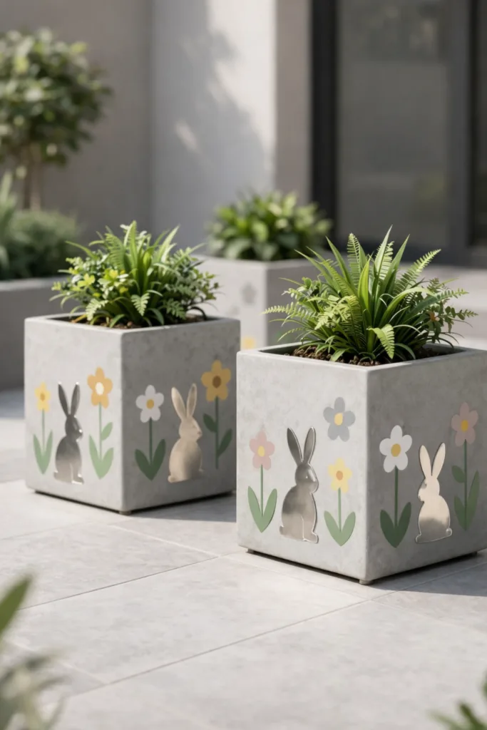 10 wunderschöne Osterdeko-Ideen für moderne Gärten Moderne Osterdeko im Garten mit Beton-Pflanzkübeln, Hasenmotiven und Frühlingspflanzen