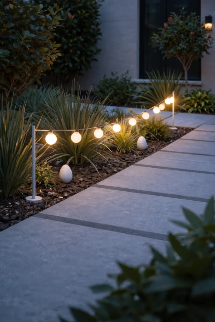 10 wunderschöne Osterdeko-Ideen für moderne Gärten Osterdeko mit Lichterkette entlang eines modernen Gartenwegs in elegantem Design