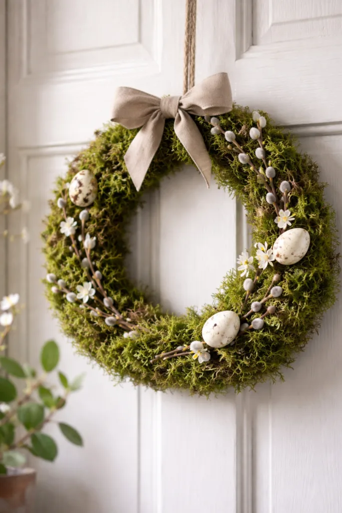 Osterdeko mit Moos: Wenn Ostern nach Wald und Frühling duftet Osterdeko mit Mooskranz an weißer Tür, natürlich und schlicht dekoriert