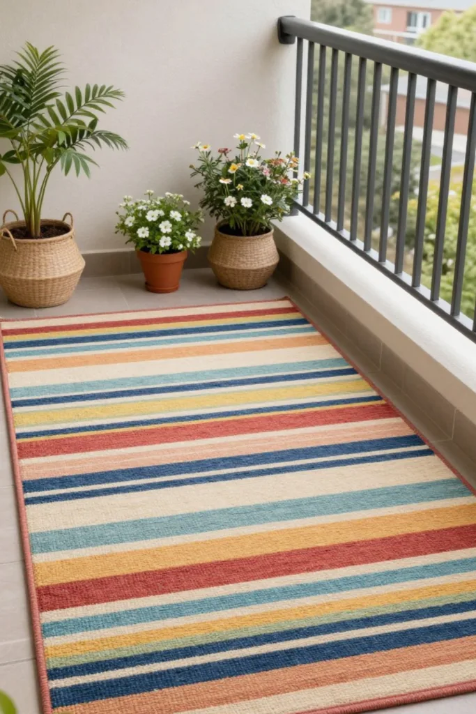 Balkon Deko im März mit Outdoor Teppich und seitlichen Pflanzgefäßen