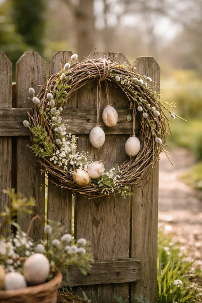 Osterdeko im Garten: 6 günstige Ideen, die hochwertig statt billig wirken Naturkranz aus Schnittgut und Frühlingszweigen als günstige Osterdeko im Garten am Holzzaun aufgehängt
