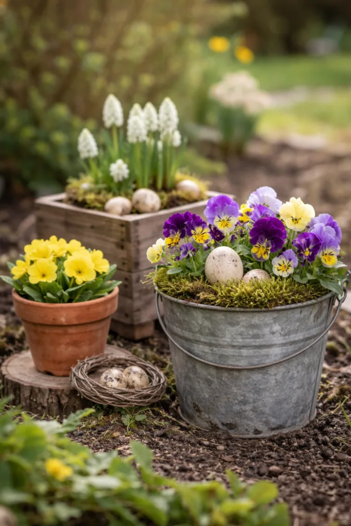 Osterdeko im Garten: 6 günstige Ideen, die hochwertig statt billig wirken Upcycling-Gefäße als Osterinseln im Beet mit Primeln und Zinkeimer im Frühlingsgarten