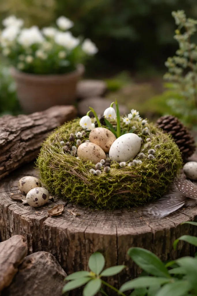Osterdeko im Garten: 6 günstige Ideen, die hochwertig statt billig wirken Moosnester und Naturarrangements mit Eiern auf Holzstumpf im Garten dekoriert