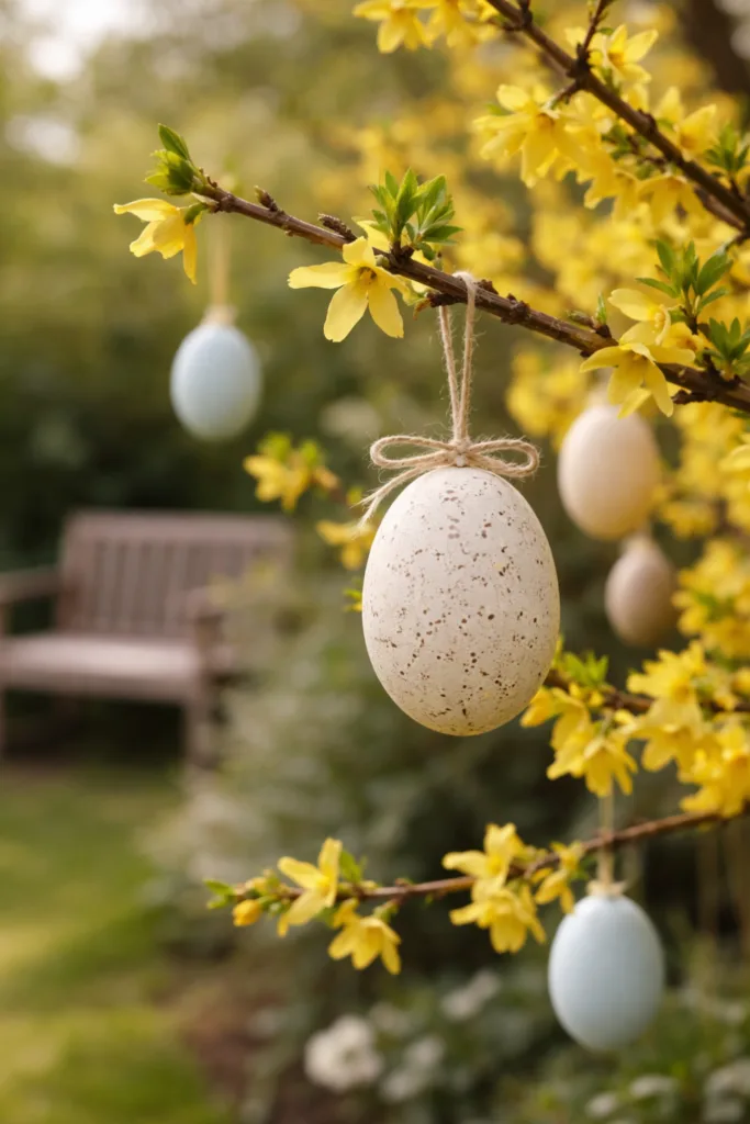 Osterdeko im Garten: 6 günstige Ideen, die hochwertig statt billig wirken Osterakzente im Baum mit naturfarbenen Eiern an blühendem Strauch im Garten bei Tageslicht