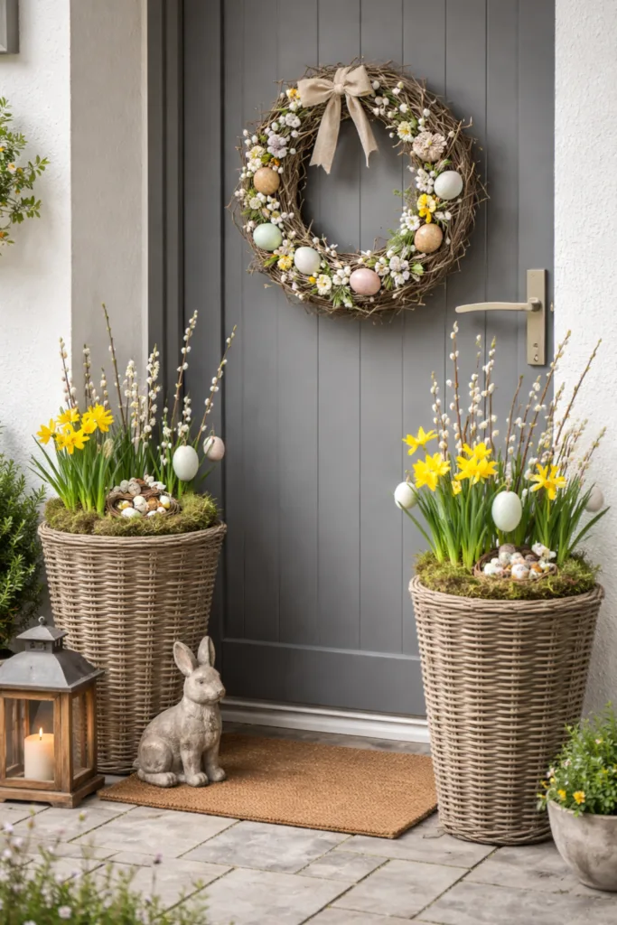 Osterdeko im Reihenhausgarten: 5 Ideen für maximale Wirkung auf wenig Platz Eingangsbereich mit Osterdeko als klarer Oster-Anker mit Kranz und bepflanzten Kübeln im Reihenhausgarten