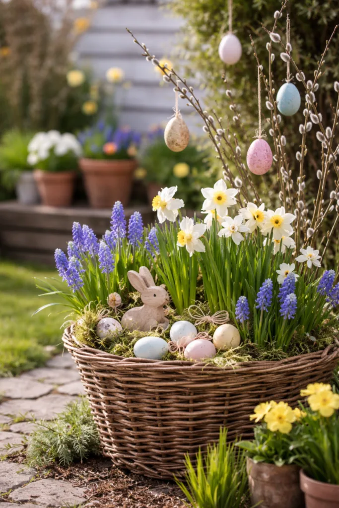 Osterdeko im Reihenhausgarten: 5 Ideen für maximale Wirkung auf wenig Platz Ein definiertes Osterbeet mit Narzissen, Traubenhyazinthen und natürlicher Osterdeko im Reihenhausgarten