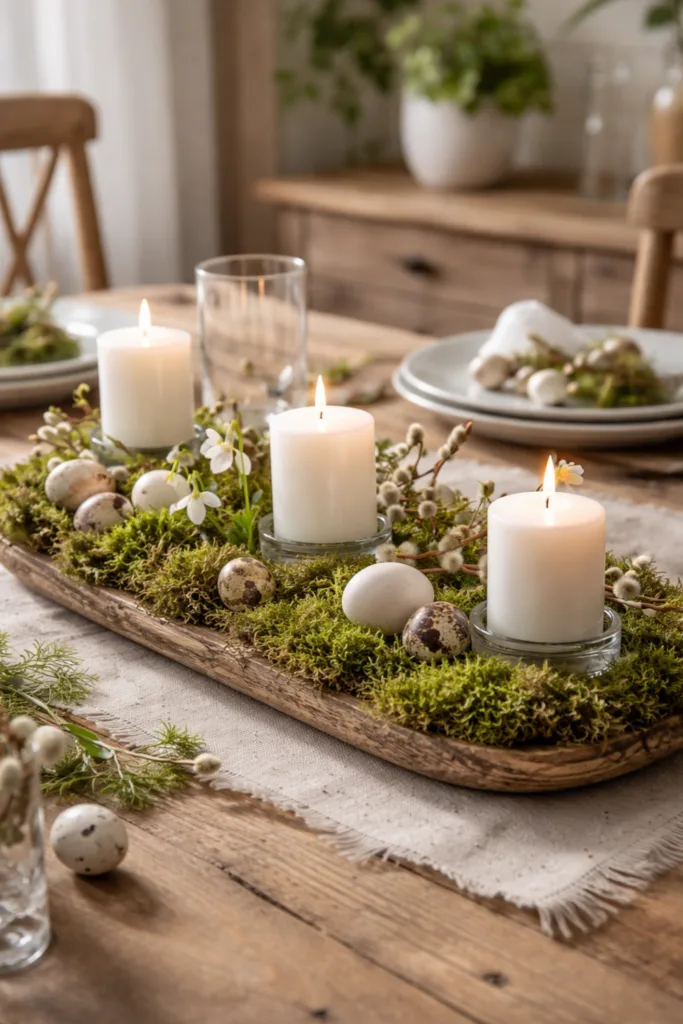Osterdeko mit Moos: Wenn Ostern nach Wald und Frühling duftet Tischdeko mit Moos als verbindende Basis mit Kerzen und Ostereiern auf Holztisch