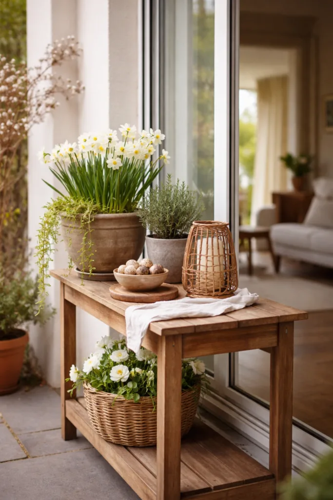 Osterdeko im Reihenhausgarten: 5 Ideen für maximale Wirkung auf wenig Platz Fenster und Übergänge mit Osterdeko aus Holz, Narzissen und Kräutern am Terrassenfenster im Reihenhausgarten