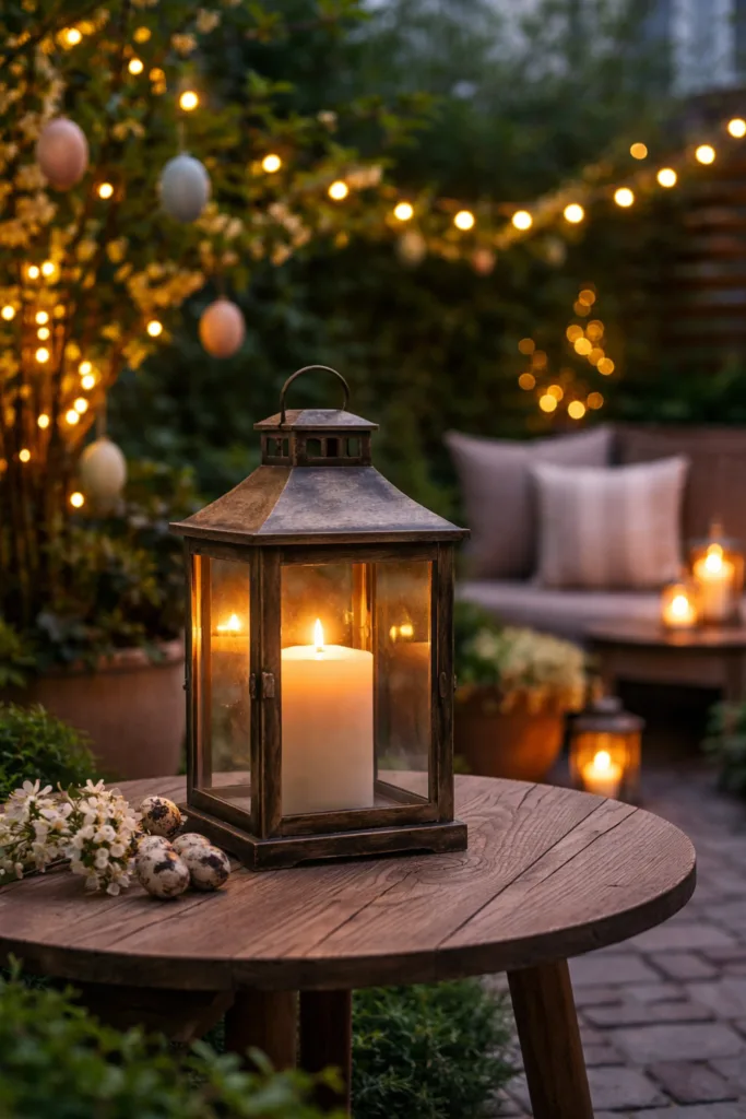 Osterdeko im Reihenhausgarten: 5 Ideen für maximale Wirkung auf wenig Platz Warme Laterne als Beleuchtung im Reihenhausgarten sorgt für stimmungsvollen Oster-Abschluss am Abend