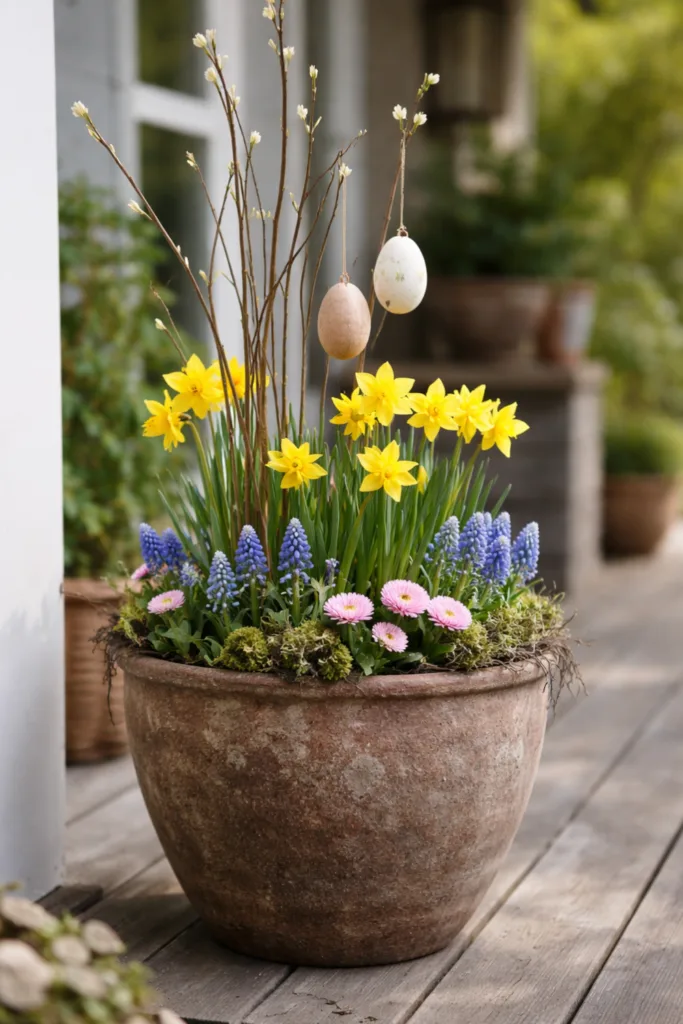 Schnell umgesetzt: 5 einfache Oster-Ideen für den Garten mit Wow-Effekt Frühblüher im Kübel mit Narzissen, Zweigen und dezenten Ostereiern auf der Terrasse dekoriert