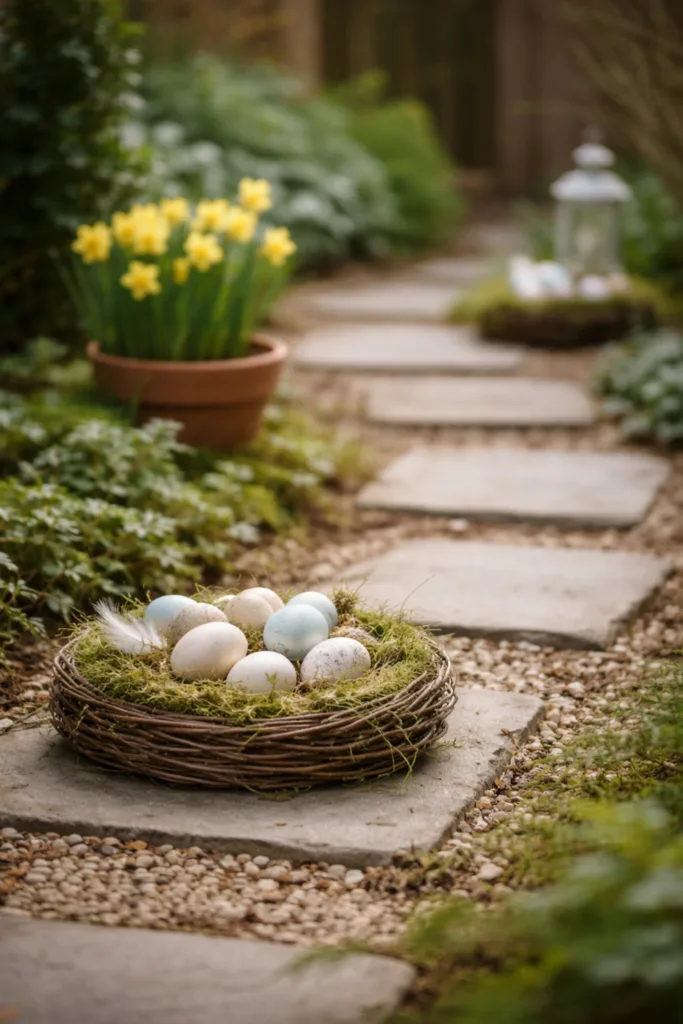 Schnell umgesetzt: 5 einfache Oster-Ideen für den Garten mit Wow-Effekt Gartenweg als Osterweg mit Nest, Eiern und Frühblühern im weichen Tageslicht