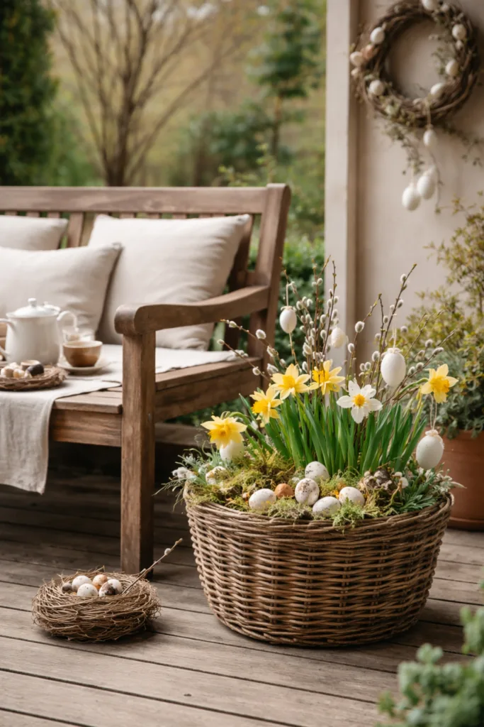 Schnell umgesetzt: 5 einfache Oster-Ideen für den Garten mit Wow-Effekt Sitzplatz österlich rahmen mit Korb, Narzissen und natürlicher Osterdeko im Garten