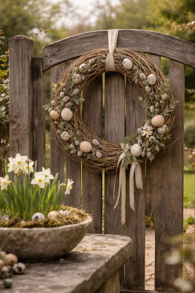 Ostern im Garten: 5 Design-Prinzipien für eine moderne und aufgeräumte Deko Minimalistisch dekorieren Ostern im Garten mit großem Weidenkranz als starkes Zentrum an Holztor