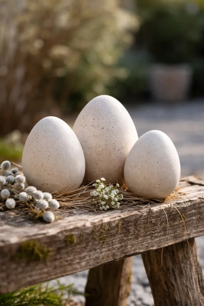 Ostern im Garten: 5 Design-Prinzipien für eine moderne und aufgeräumte Deko Minimalistisch dekorieren zu Ostern im Garten mit Keramikeiern auf Holzbank im natürlichen Tageslicht