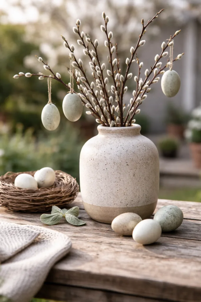 Ostern im Garten: 5 Design-Prinzipien für eine moderne und aufgeräumte Deko Minimalistisch dekorieren zu Ostern im Garten mit neutralen Eiern und Naturmaterialien