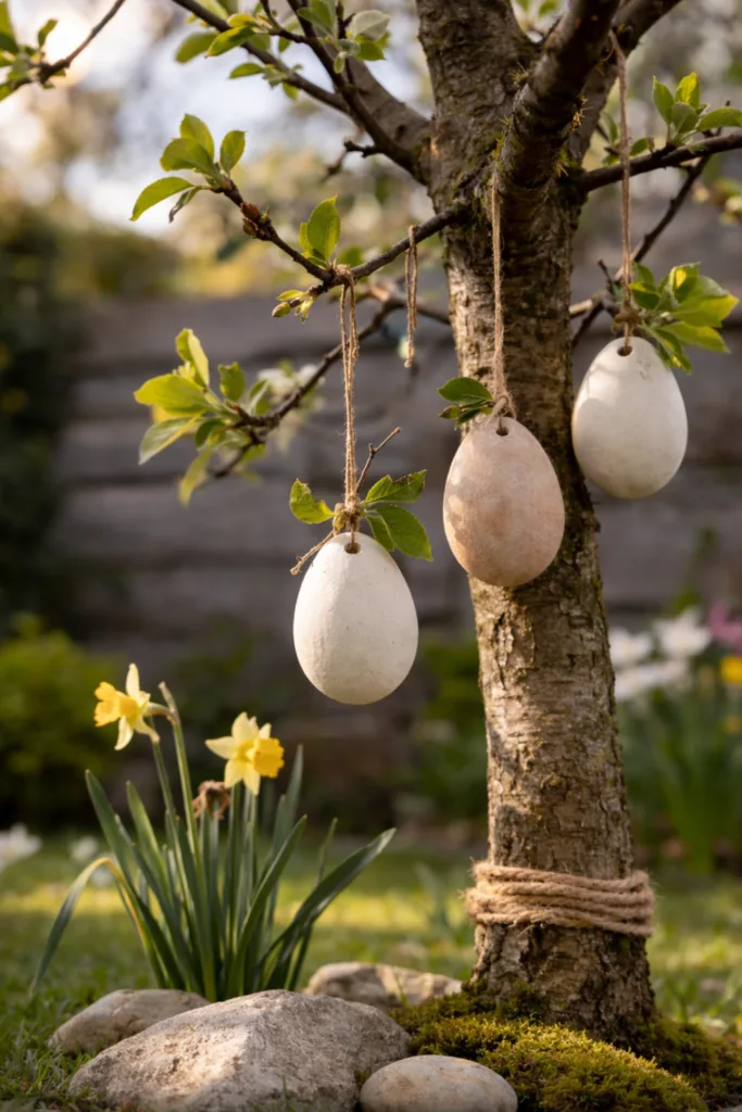 Ostern im Garten: 5 Design-Prinzipien für eine moderne und aufgeräumte Deko Minimalistisch dekorieren zu Ostern im Garten mit hängenden Natur-Eiern am Baum im Frühlingslicht