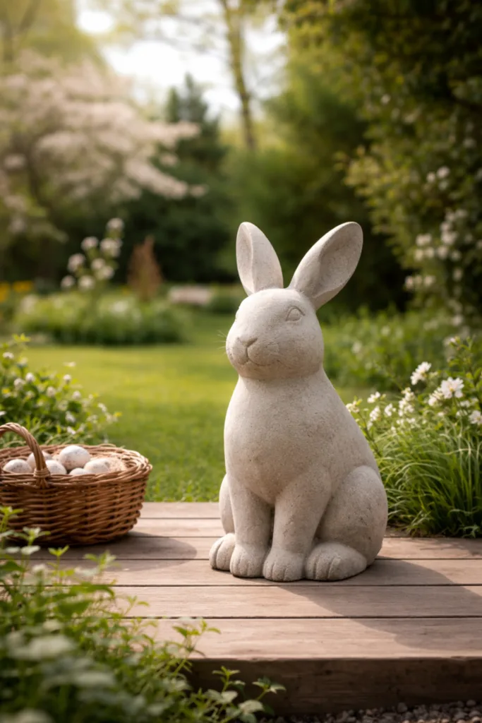 Ostern im Garten: 5 Design-Prinzipien für eine moderne und aufgeräumte Deko Minimalistisch dekorieren: großer Osterhase als klares Hauptmotiv im ruhigen Frühlingsgarten
