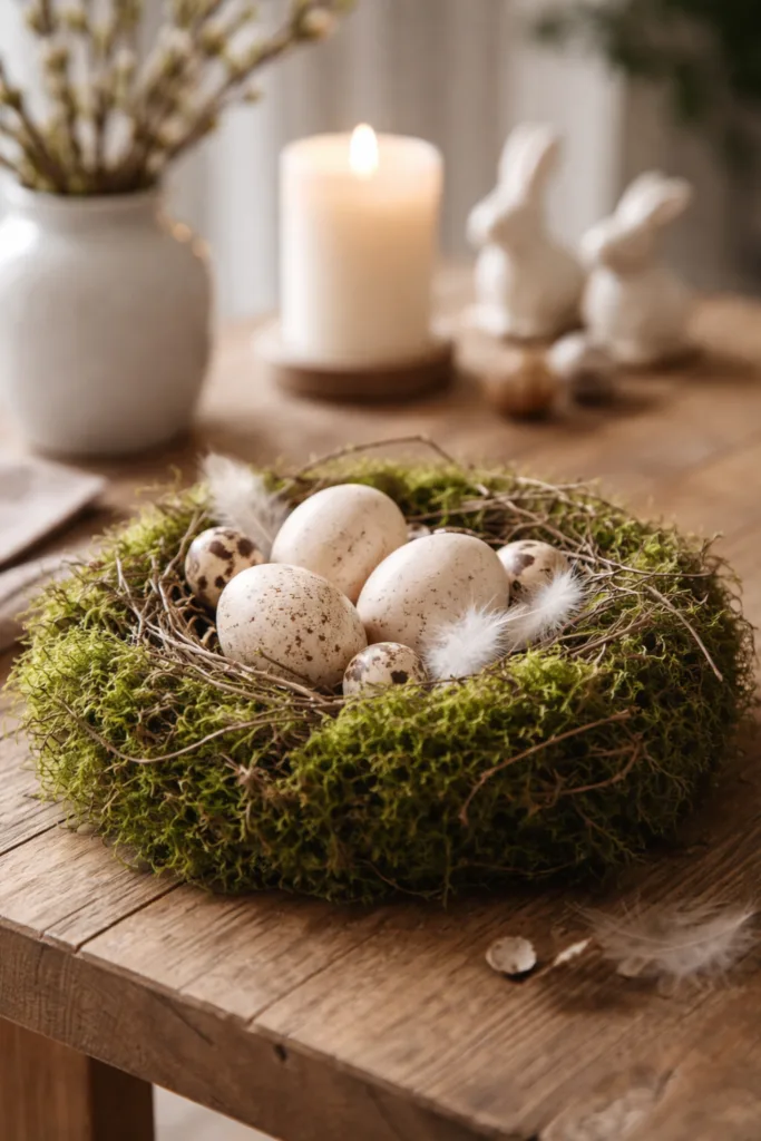 Osterdeko mit Moos: Wenn Ostern nach Wald und Frühling duftet Natürliches Moosnest als zentrales Gestaltungselement mit Ostereiern auf Holztisch