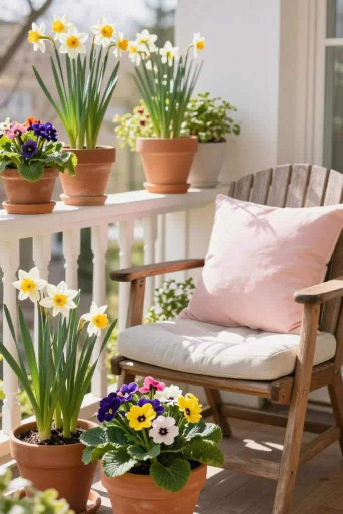 Balkon Deko im März mit Narzissen und Primeln in Terrakottatöpfen auf kleinem Balkon