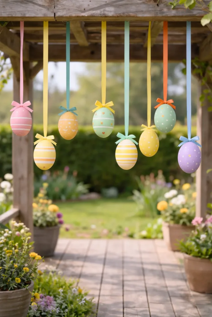 Bunte Ostereier hängen auf der Terrasse an bunten Bändern als fröhliche Osterdeko.