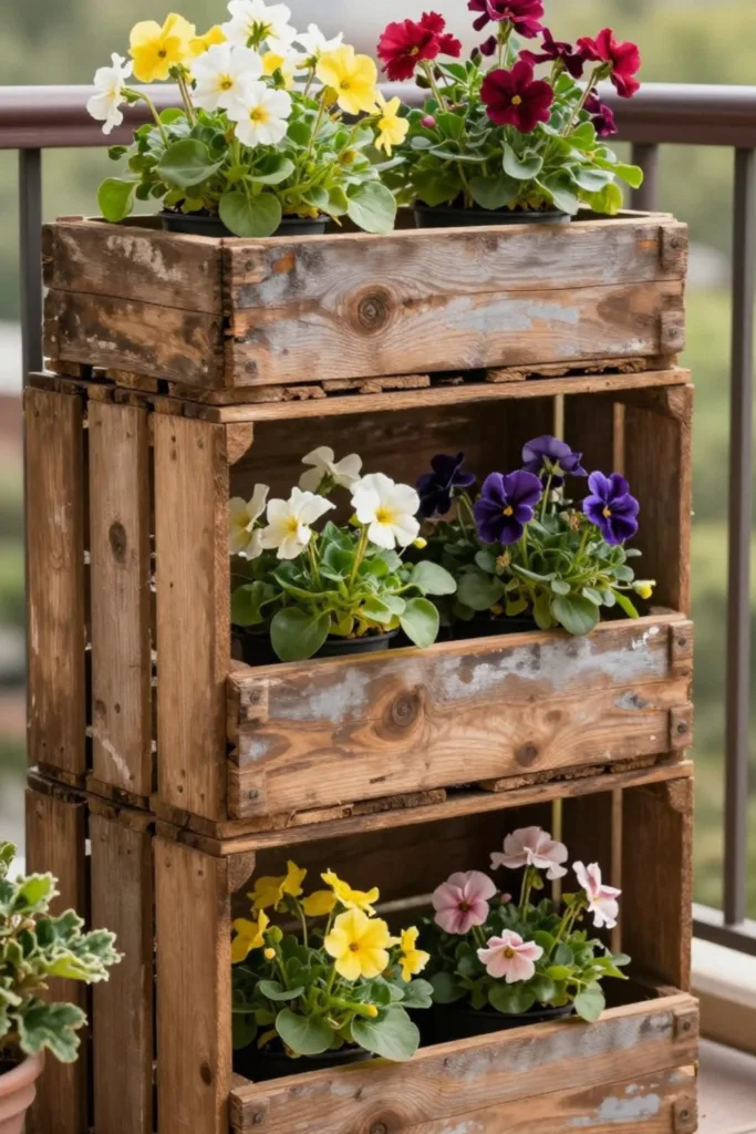 Gestapelte Holzkisten mit Frühblühern für platzsparende Balkon Deko im März