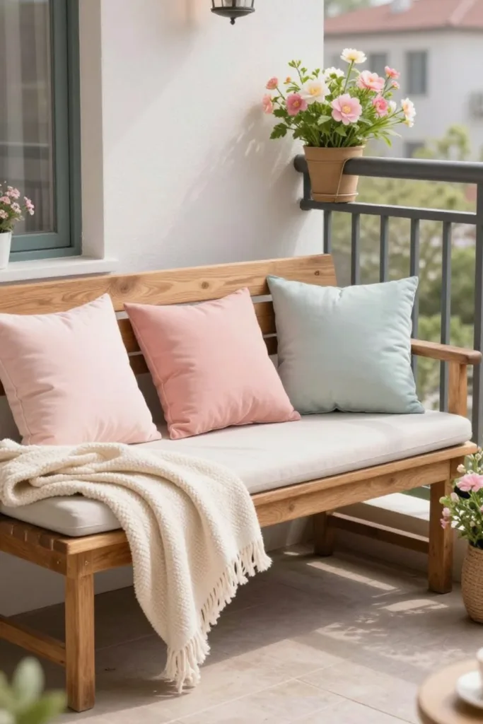 Holzbank mit Kissen und Frühblühern als wohnliche Balkon Deko im März