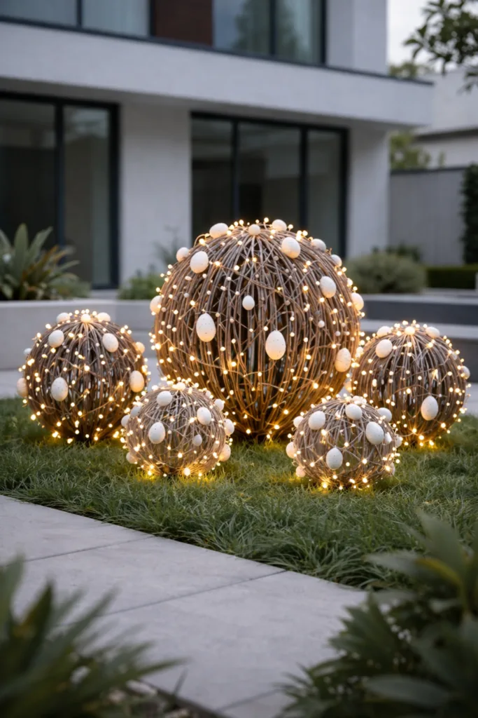 10 wunderschöne Osterdeko-Ideen für moderne Gärten Moderne Osterdeko mit leuchtenden Kugeln und Eiern im Garten bei Dämmerung