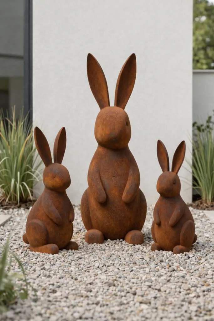 10 wunderschöne Osterdeko-Ideen für moderne Gärten Drei rostfarbene Osterhasen als Gartendeko auf Kies, moderne Osterdeko für Garten und Terrasse