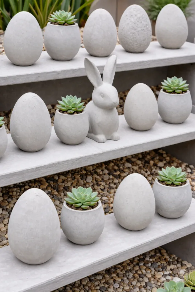10 wunderschöne Osterdeko-Ideen für moderne Gärten Moderne Osterdeko aus Beton mit Hasenfiguren, Betoneiern und Sukkulenten im Gartenregal
