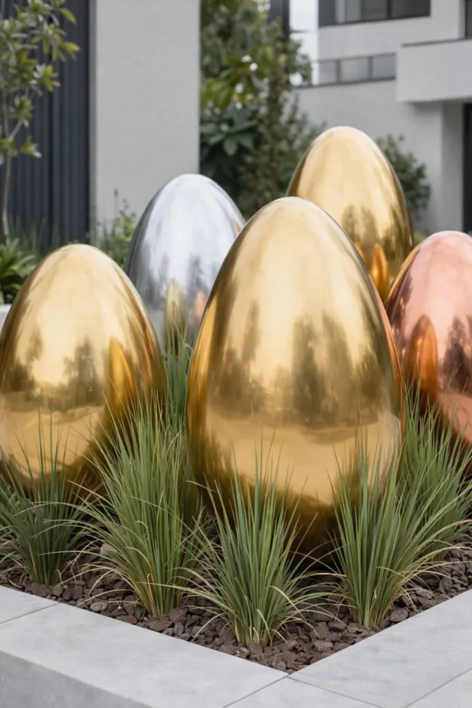 10 wunderschöne Osterdeko-Ideen für moderne Gärten Goldene Ostereier im Garten als moderne Osterdeko zwischen Ziergräsern und minimalistischer Architektur
