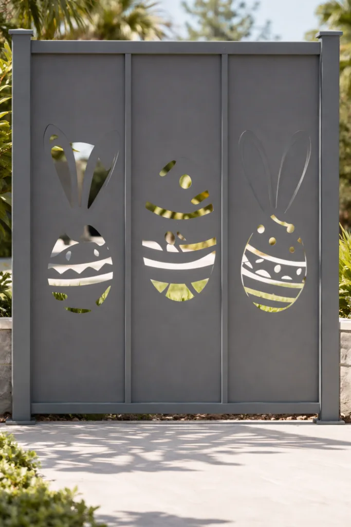 10 wunderschöne Osterdeko-Ideen für moderne Gärten Osterlicher Sichtschutz im Garten aus Metall mit Hasen- und Ostereimotiven als dekorativer Gartenzaun