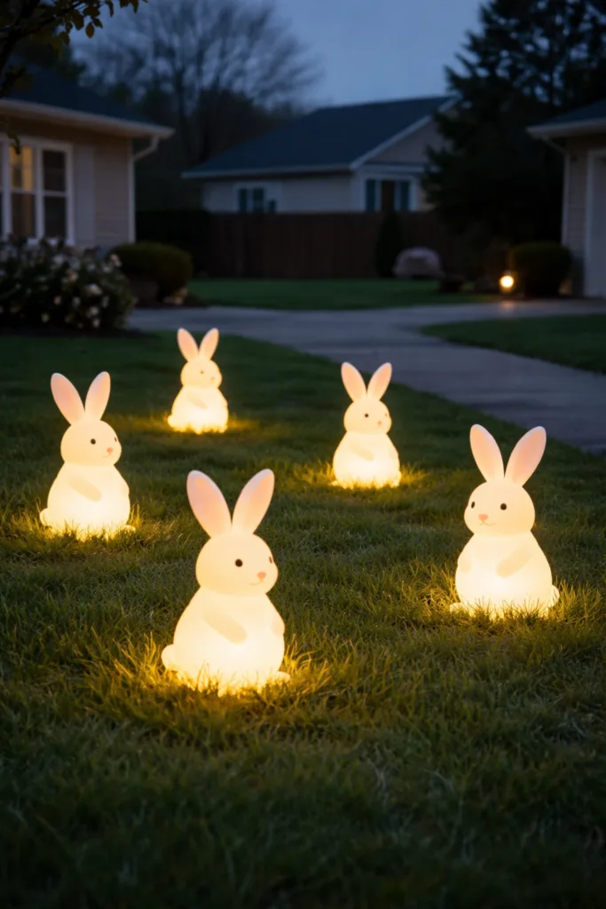 Osterdeko für die Einfahrt: 9 Ideen, die einfach Freude machen Leuchtende Osterhasenfiguren erhellen am Abend die Einfahrt als festliche Osterdeko im Garte