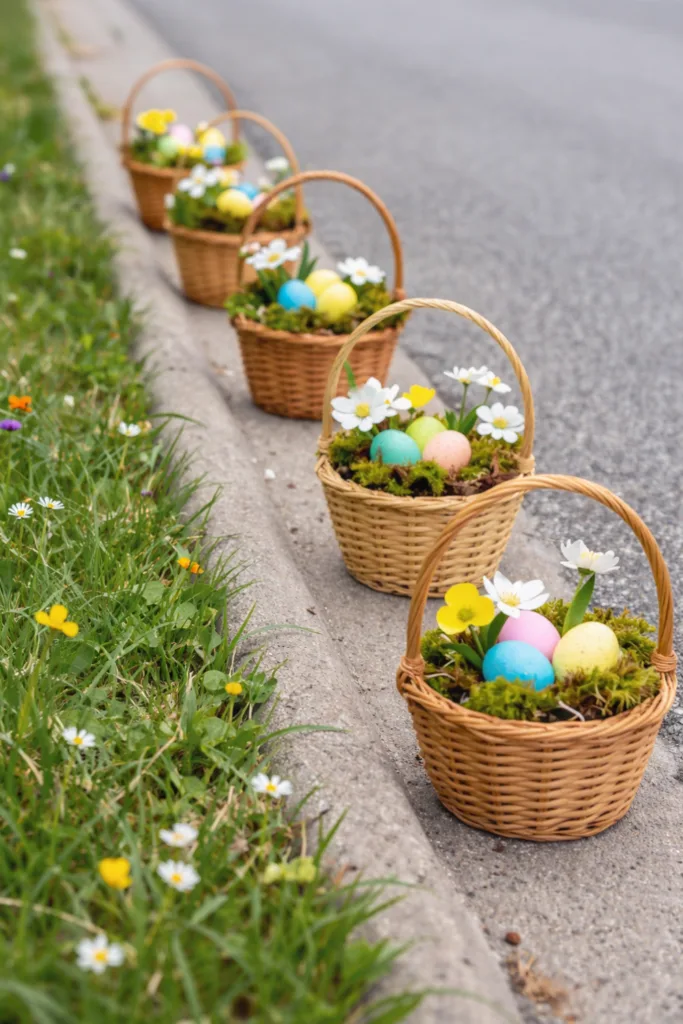 Osterdeko für die Einfahrt: 9 Ideen, die einfach Freude machen Bunte Osterkörbchen mit Eiern und Blumen schmücken die Einfahrt als Osterdeko im Garten