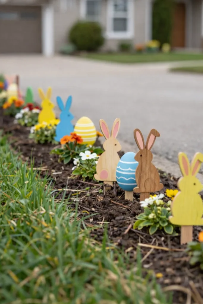 Osterdeko für die Einfahrt: 9 Ideen, die einfach Freude machen Bunte Holzhasen und bemalte Ostereier schmücken das Beet als Osterdeko in der Einfahrt