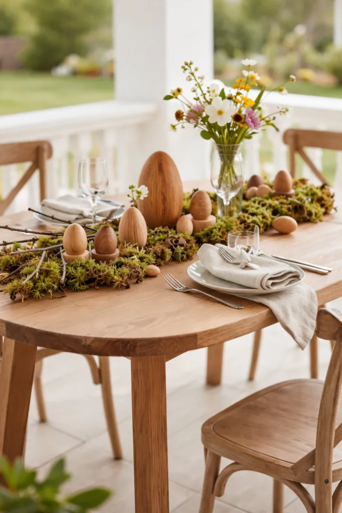 Osterdeko auf der Terrasse mit Holzeiern, Moos und Frühlingsblumen auf Holztisch
