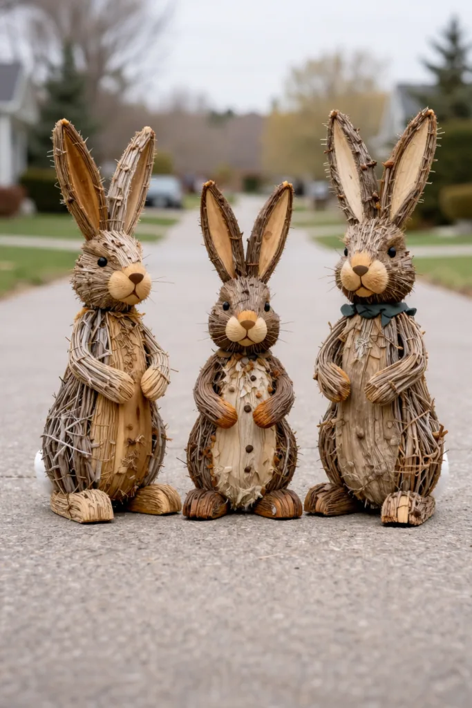 Osterdeko für die Einfahrt: 9 Ideen, die einfach Freude machen Drei handgefertigte Osterhasen aus Holz stehen dekorativ im Freien als natürliche Frühlings- und Osterdeko